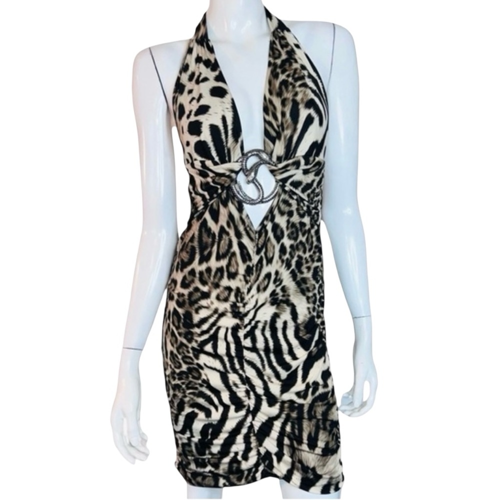 Party 21 Leopard Print Snake Medallion Bodycon Brown & Cream Halter Midi Dress - Picture 4 of 10